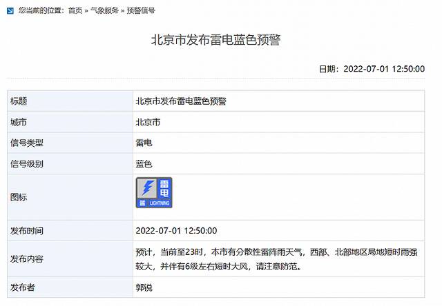 北京市发布雷电蓝色预警
