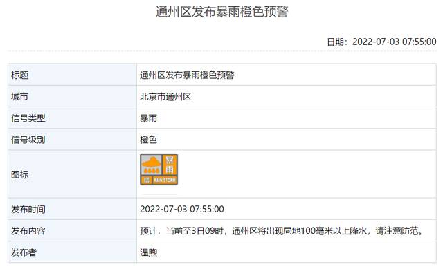 北京通州区发布暴雨橙色预警：局地将现100毫米以上降水