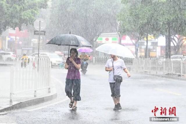 7月3日，广东省广州市，市民雨中出行。中新社记者陈骥旻摄