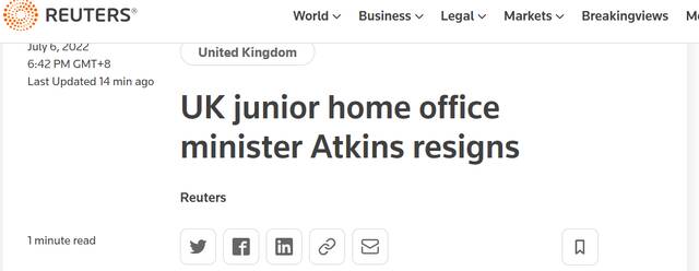 英媒：英内政部副部长阿特金斯辞职