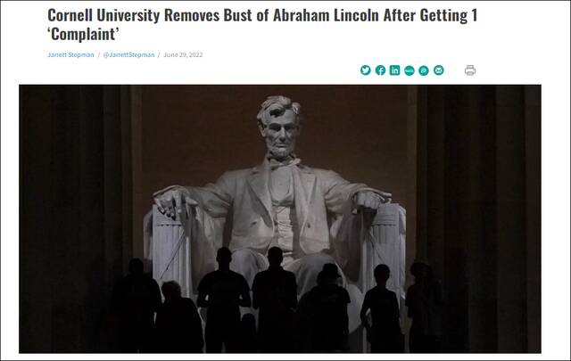 美国康奈尔大学移除林肯雕像，图自美媒《每日信号》（Daily Signal）
