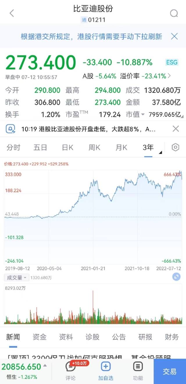 港股比亚迪股份跌近11%