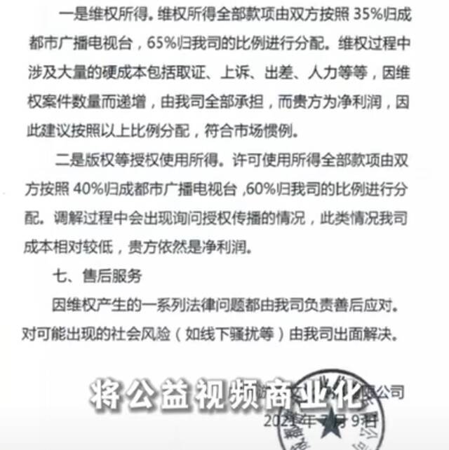 文件显示，“维权”所得款项35%归成都广播电视台，65%归游术公司