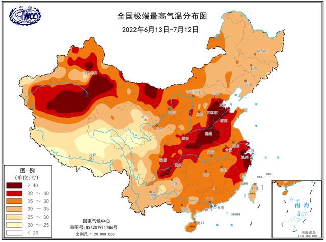 △2022年6月13日至7月12日全国极端最高气温分布（图源：国家气候中心）