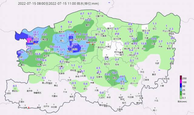 7月15日08时至11时郑州市降水图