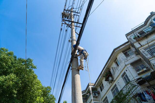 7月13日上午，电力工人正在高空作业。新华社记者赵金正摄