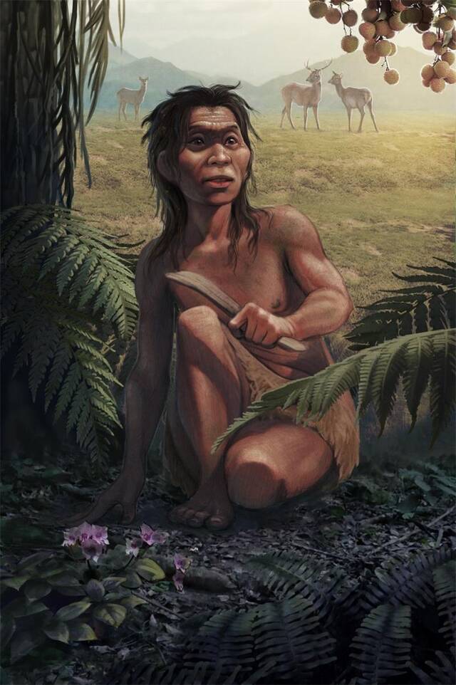 1.4万年前“蒙自人”女性及其生活场景复原图（昆明动物研究所设计、任文煜绘图；版权所有）