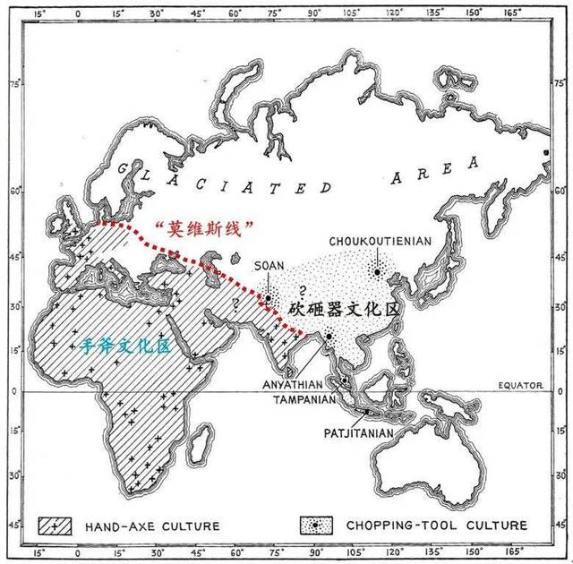 莫维斯识别出来的旧石器时代早期东西方不同的文化区：西方手斧文化区和东方的砍砸器文化区。图片来源：Movius H. L.(1948). The Lower P