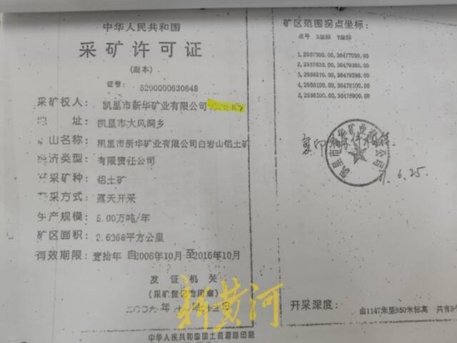 田某燕涂改过的新华矿业采矿许可证受访者供图