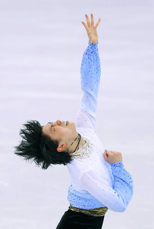 2018年2月16日，羽生结弦在平昌冬奥会男子花滑短节目比赛中。