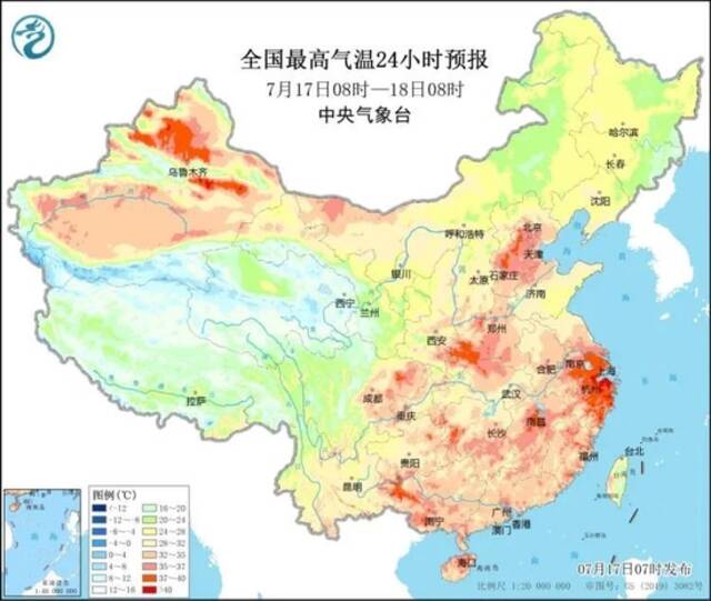 7月17日的全国高温地图，多地超40℃。/中国天气网