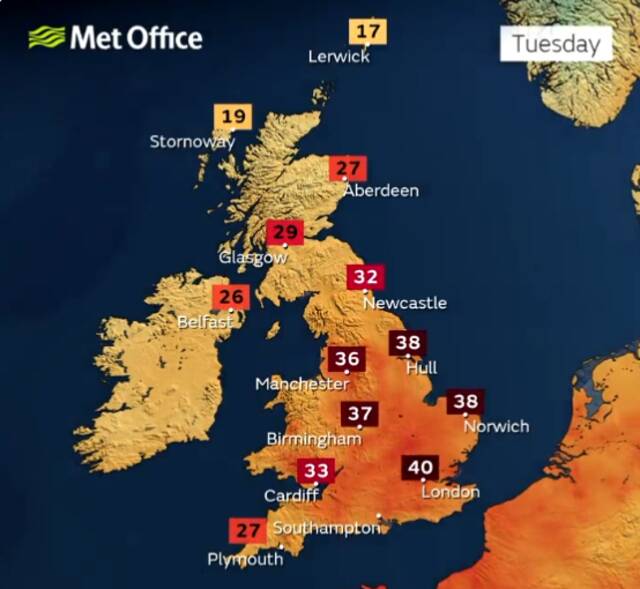 当地时间7月18日和19日，英国气象局在英格兰大部分地区发布了极端高温红色预警。图/英国气象局官网截图