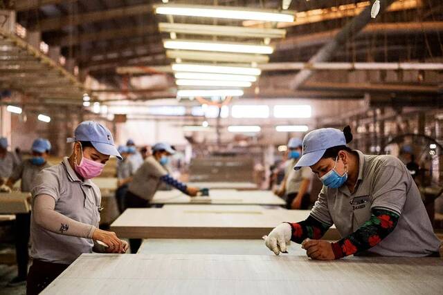 在越南最大高端出口家具制造商凯胜股份位于平阳省的1号厂区，工人正在板材车间内准备切割作业（李亚楠摄）