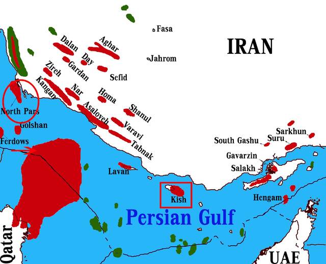 椭圆处为北帕尔斯，箭头处为南帕尔斯（黑线为国界），方形处为基什，伊朗天然气田资料图