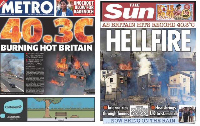 英国各媒体20日在头版报道创纪录的高温。左为《地铁报》报道40.3摄氏度高温炙烤英国，右为《太阳报》用“地狱之火”形容频发的火灾。（英国报纸版面截图）
