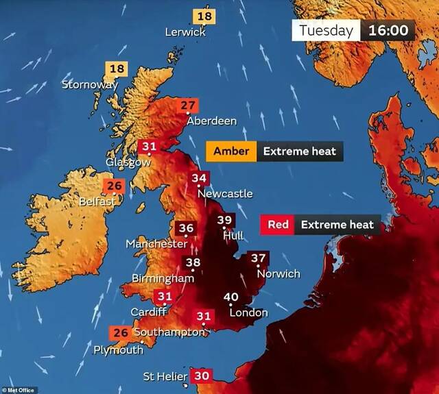 当地时间7月19日，英国高温创下纪录图源：英国气象局