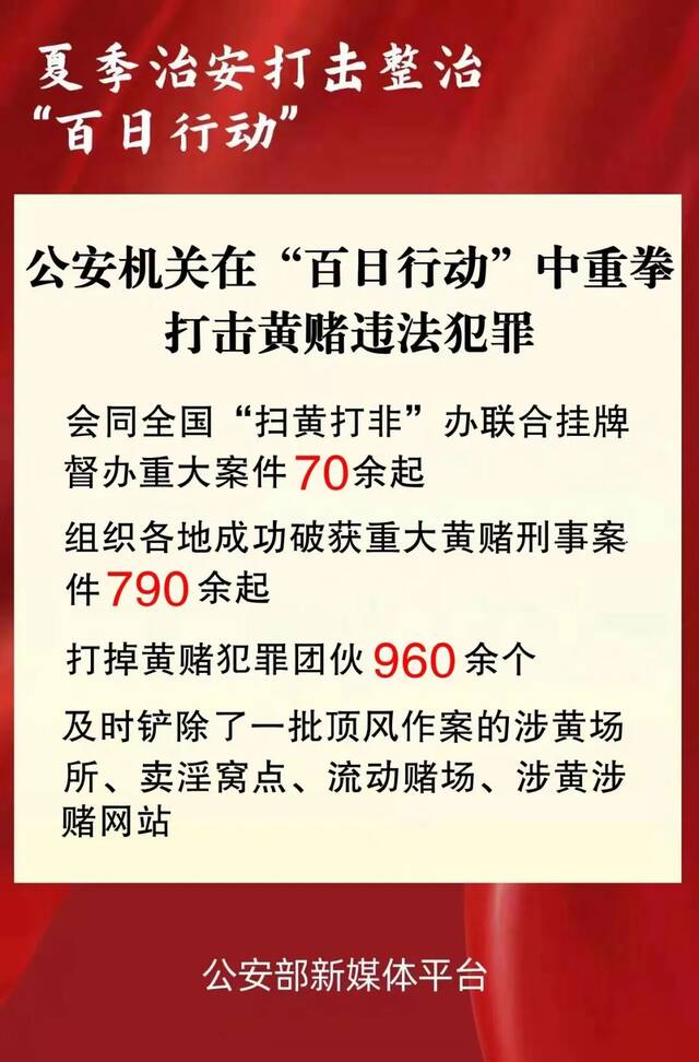 公安部：公安机关在“百日行动”中打掉黄赌犯罪团伙960余个