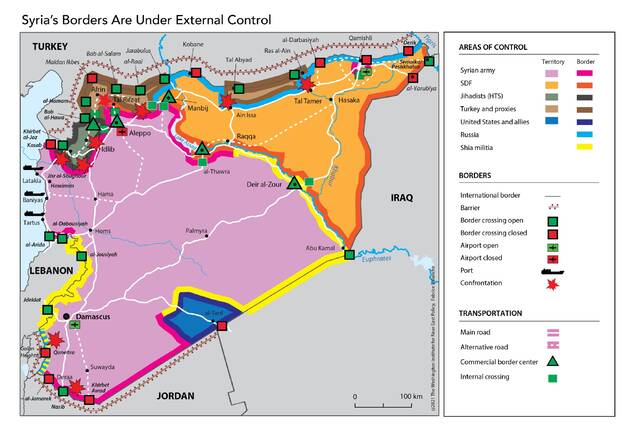 叙利亚内战现状，橙色为“叙利亚民主军”控制区域，棕色为亲土耳其武装控制的领土（图源：华盛顿近东政策研究所）