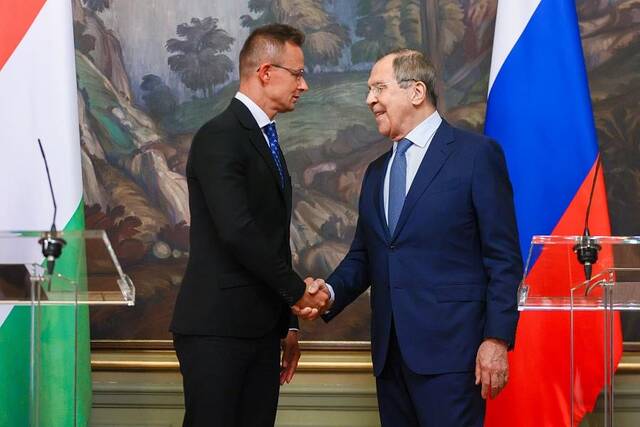 7月21日，拉夫罗夫与西雅尔多握手。图自俄外交部网站