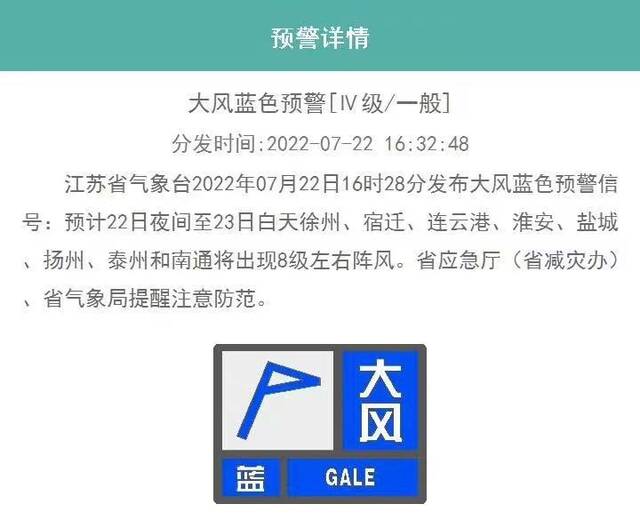 江苏省发布海区大风黄色预警信号和大风蓝色预警信号