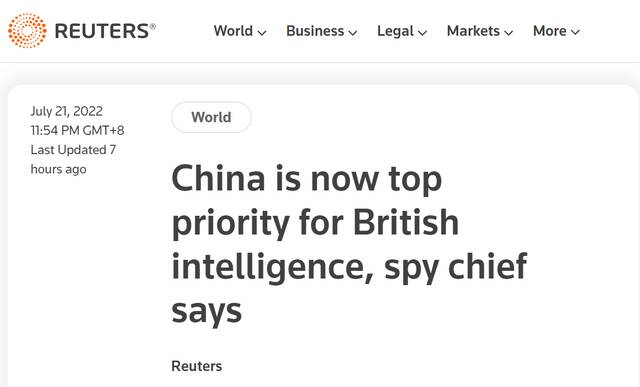 路透社：英情报负责人表示，中国现在是英国情报部门的首要任务