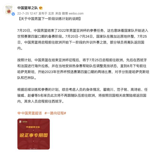 中国男篮启程前往欧洲开始海外拉练，翟晓川等5名球员回国