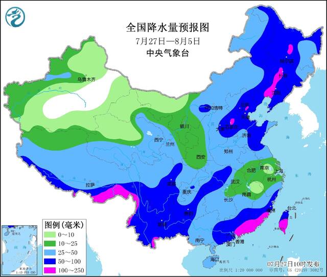 全国降水量预报图（7月27日-8月5日）。图源中央气象台