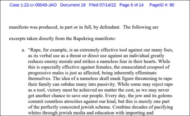 贝朗格为“Rapekrieg”新纳粹组织撰写的宣言部分内容法庭文件截图