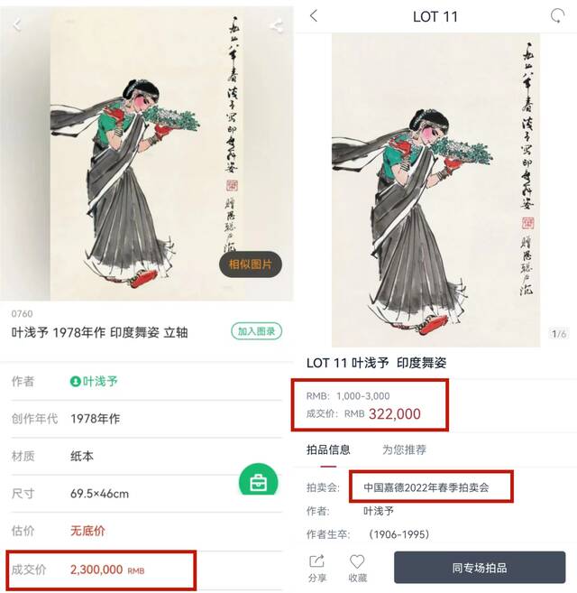 左图据受访者，来自雅昌艺术网；右图截取自中国嘉德APP