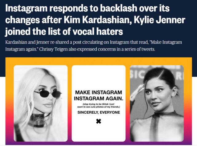“别再学TikTok了”Instagram做短视频引众怒，卡戴珊姐妹相继发声