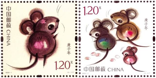 ▲韩美林设计的《庚子年》鼠生肖特种邮票（2020）