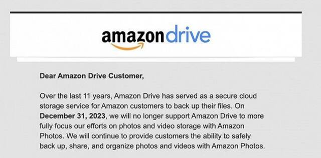 亚马逊将在2023年底关闭Amazon Drive网盘服务