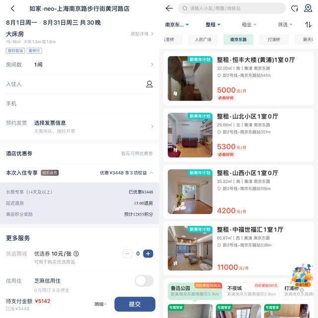 南京东路地铁站附近，酒店长租与租房价格对比。