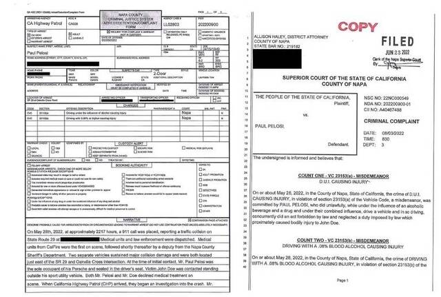 保罗•佩洛西酒后驾车的报告（左）和法庭文件（右）。图源福克斯新闻网