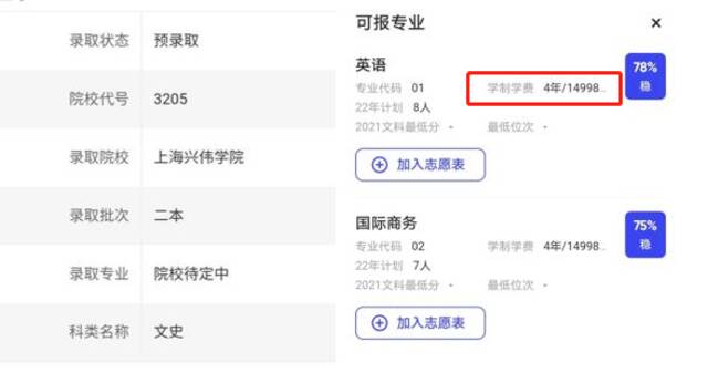填报上海兴伟学院时，乍眼一看学费是“14998元”（受访者供图）