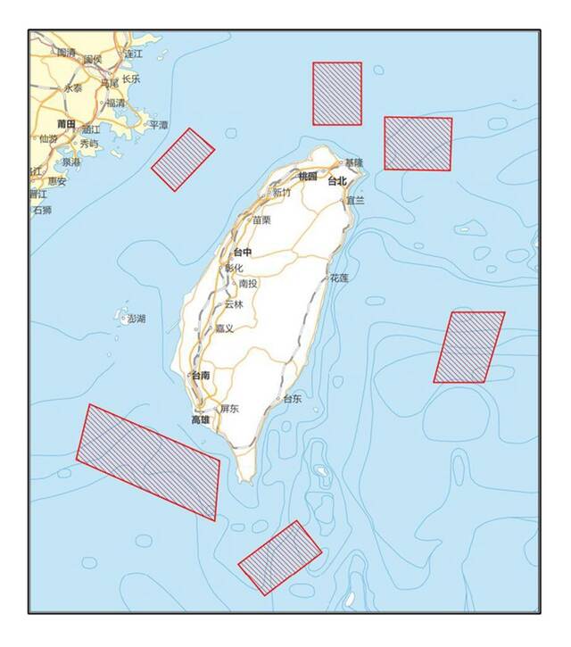 解放军4日12时起至7日12时，在台湾附近海空域划出6个演习区进行军演。