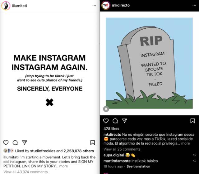 （图注：用户嘲讽Instagram模仿TikTok，失去了灵魂）