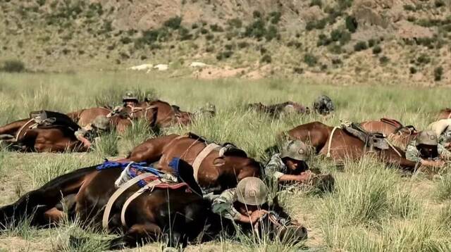 ▲民兵和军马正在训练卧倒隐蔽。新疆拜城县融媒体中心供图