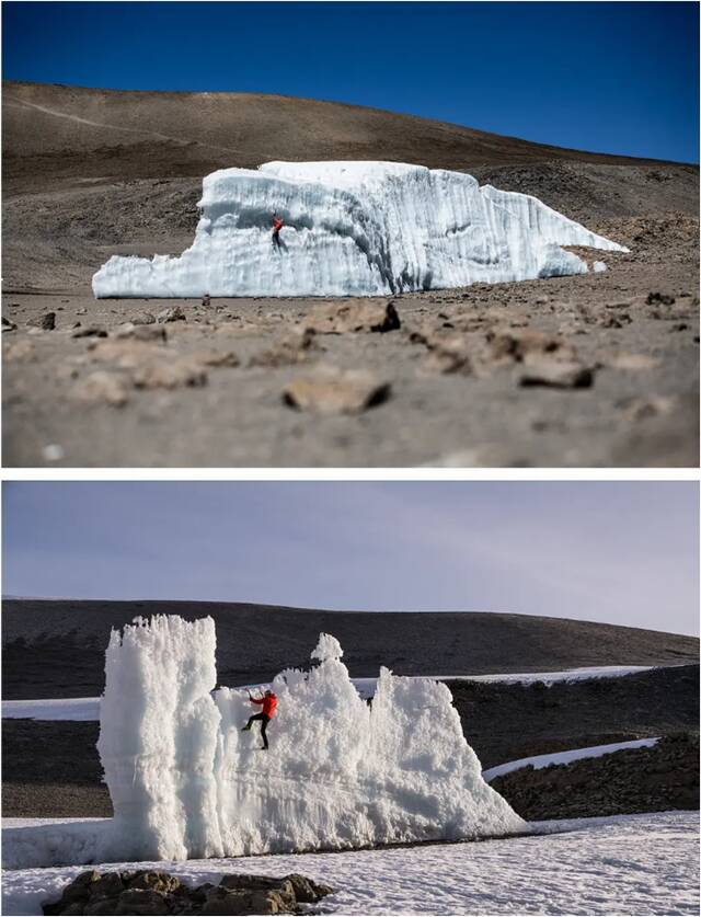 2020年与2014年的冰川对比。纪录片《消失的冰川》（2020）剧照。