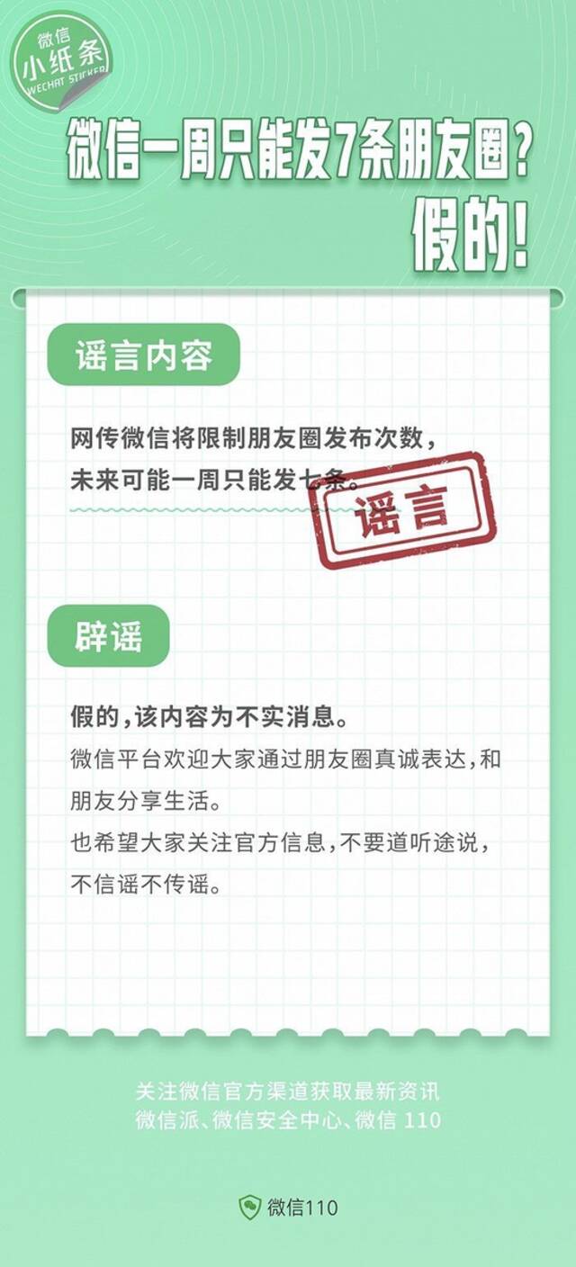 微信一周只能发7条朋友圈？微信：不实消息