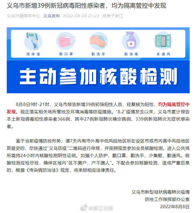 义乌市新增39例新冠病毒阳性感染者，均为隔离管控中发现