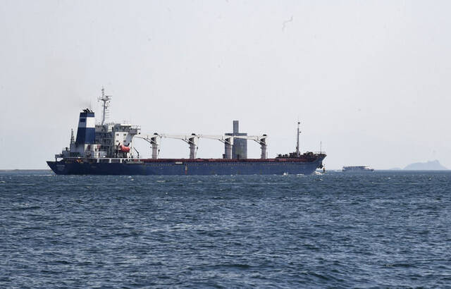 8月3日，从乌克兰敖德萨港出发的首艘运粮船“拉佐尼”号经过位于土耳其伊斯坦布尔的博斯普鲁斯海峡。新华社记者沙达提摄