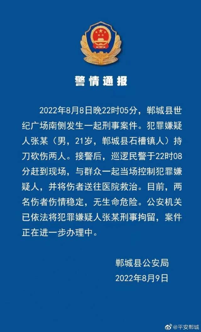 河南郸城警方：21岁男子持刀砍伤2人 已被刑拘