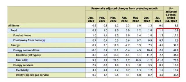 美国7月CPI环比/同比涨幅来源：美国劳工部