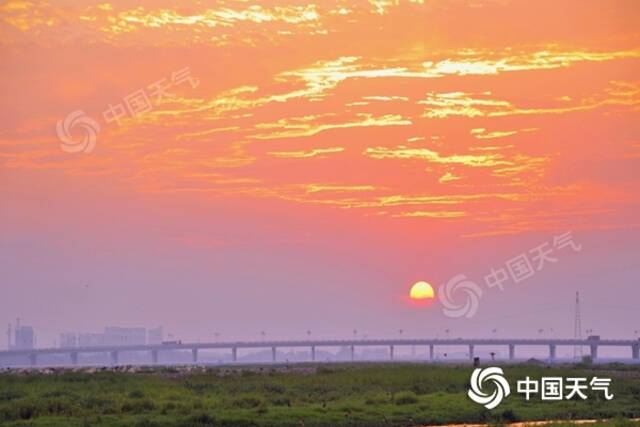 盛夏时节的河南汝河，水草丰美晚霞壮丽。（图/黎新民）