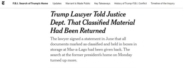 《纽约时报》：特朗普律师告诉司法部，机密材料已被归还