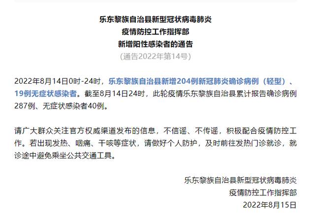 海南乐东昨日新增204例确诊病例和19例无症状感染者