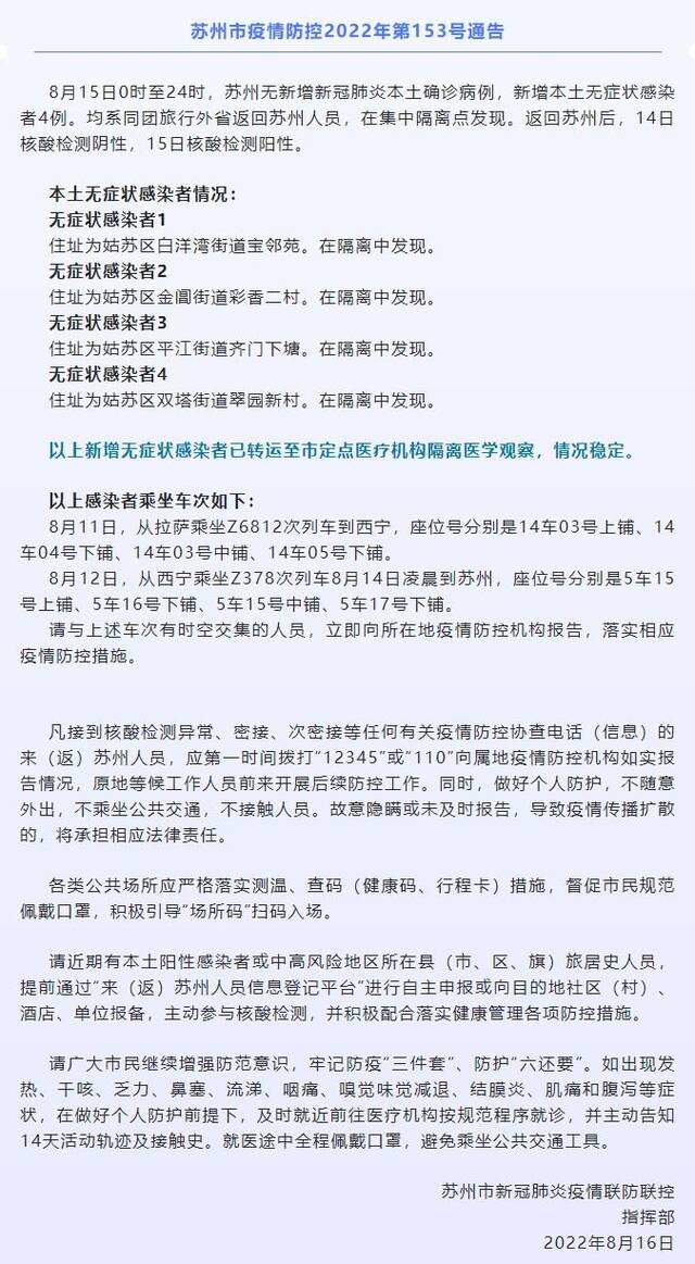 江苏苏州新增本土无症状感染者4例 均在集中隔离点发现