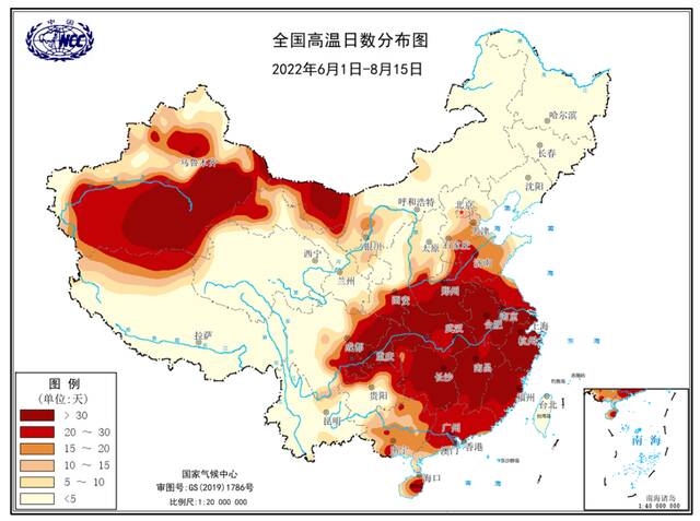 全国高温日数分布图（6月1日-8月15日）