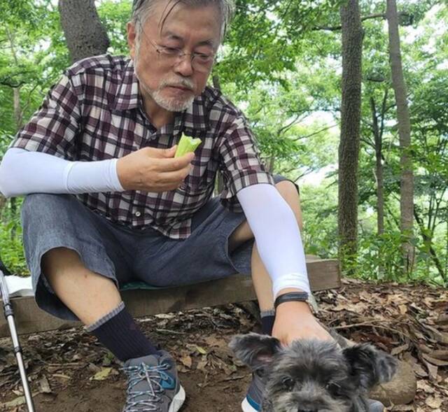 文在寅退休后，经常外出登山。（社交平台）